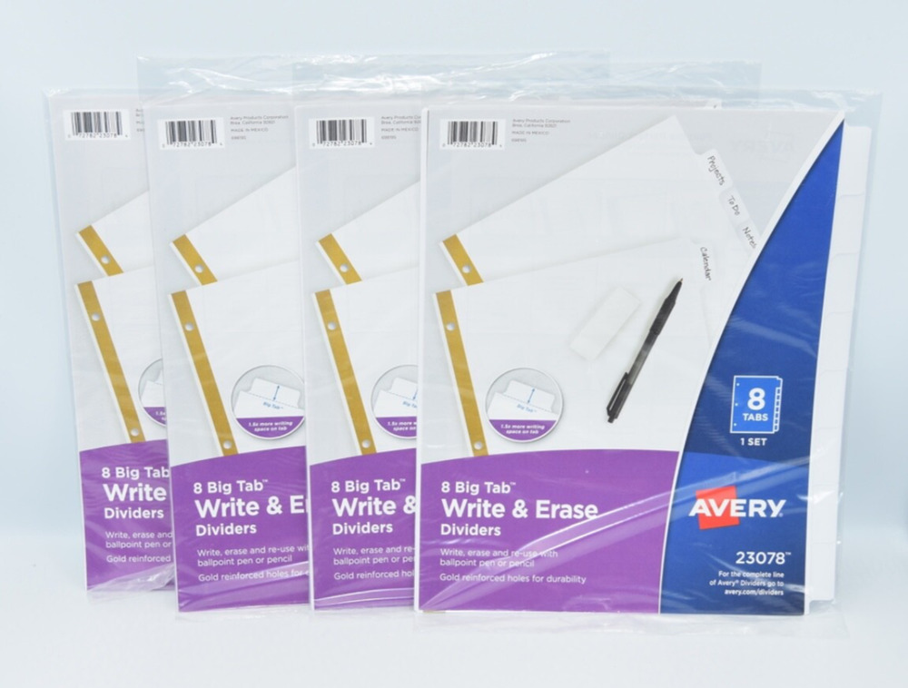 Avery Reinforced Big Tab Write-On Dividers 8-Tab Set (23078) LOT of 4 Sets NIB